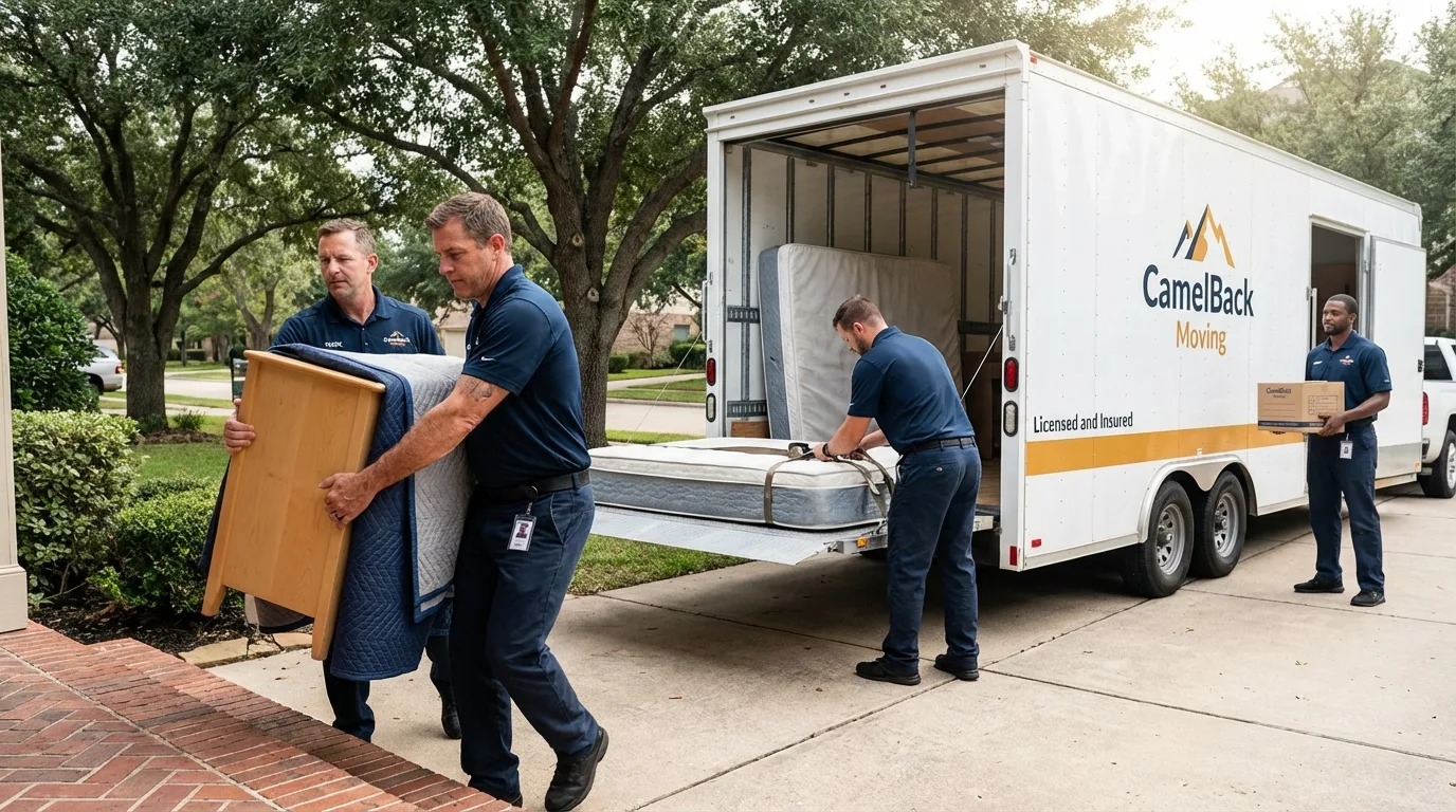 Crew loading residential truck for cross-state move from Oxford, CT