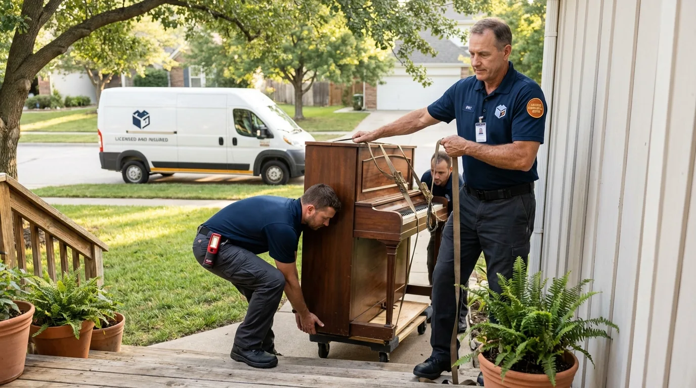 Licensed piano movers securing grand piano in Oxford, CT