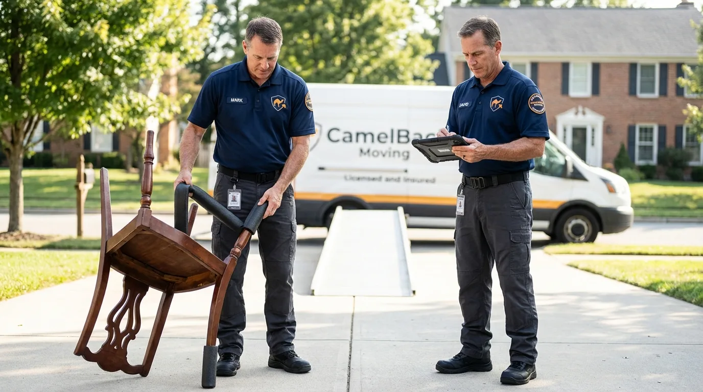 Movers inspecting furniture for damage prevention before loading in Oxford, CT