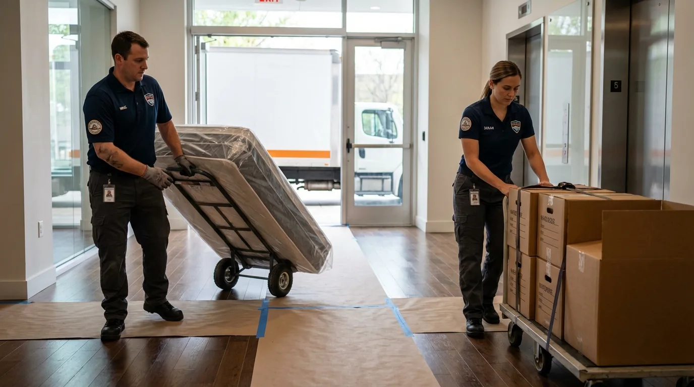 Professional apartment movers loading elevator in Oxford, CT