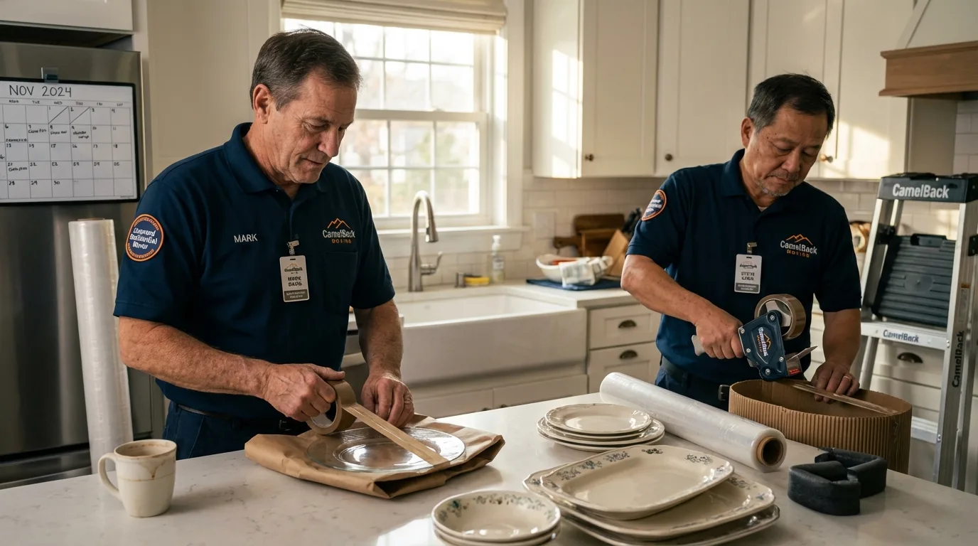 Professional crew packing kitchen dishware in Oxford, CT